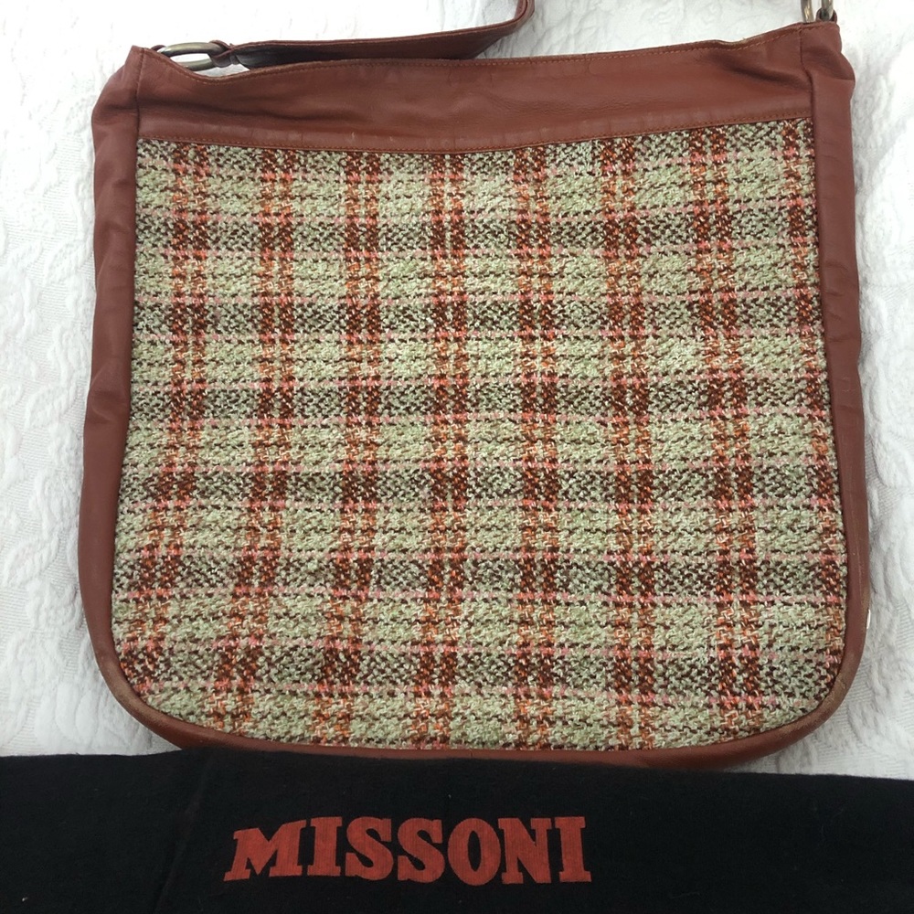 Missoni leather & wool bag.  Brown, orange, tan wool pattern.
